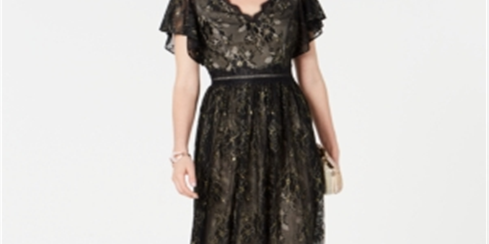 Adrianna Papell Women's Metallic Lace Long Dress Black Size 10