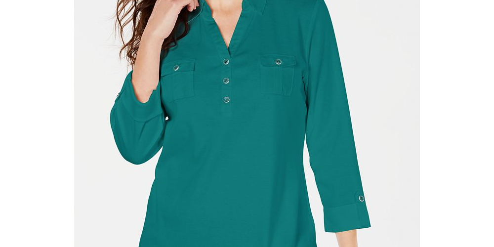Karen Scott Women's Cotton Johnny Collar Utility Shirt Green Size X-Small