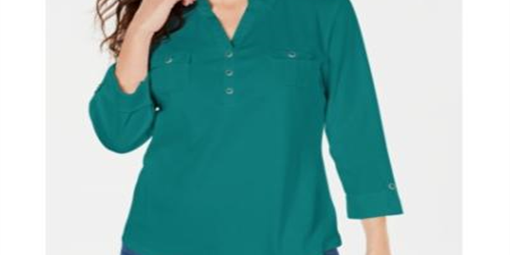 Karen Scott Women's Cotton Johnny Collar Utility Shirt Green Size X-Small
