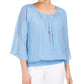 JM Collection Women's Textured Crochet Sleeve Necklace Gauze Top Blue Size XX-Large