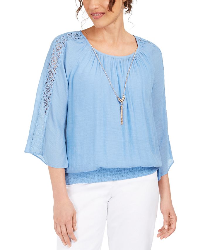 JM Collection Women's Textured Crochet Sleeve Necklace Gauze Top Blue Size XX-Large