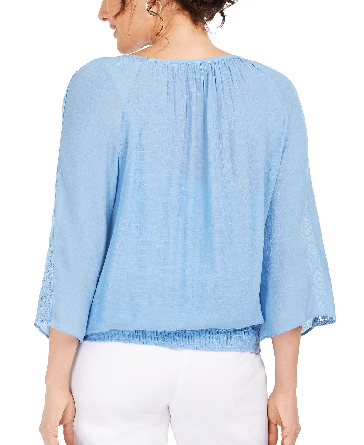 JM Collection Women's Textured Crochet Sleeve Necklace Gauze Top Blue Size XX-Large