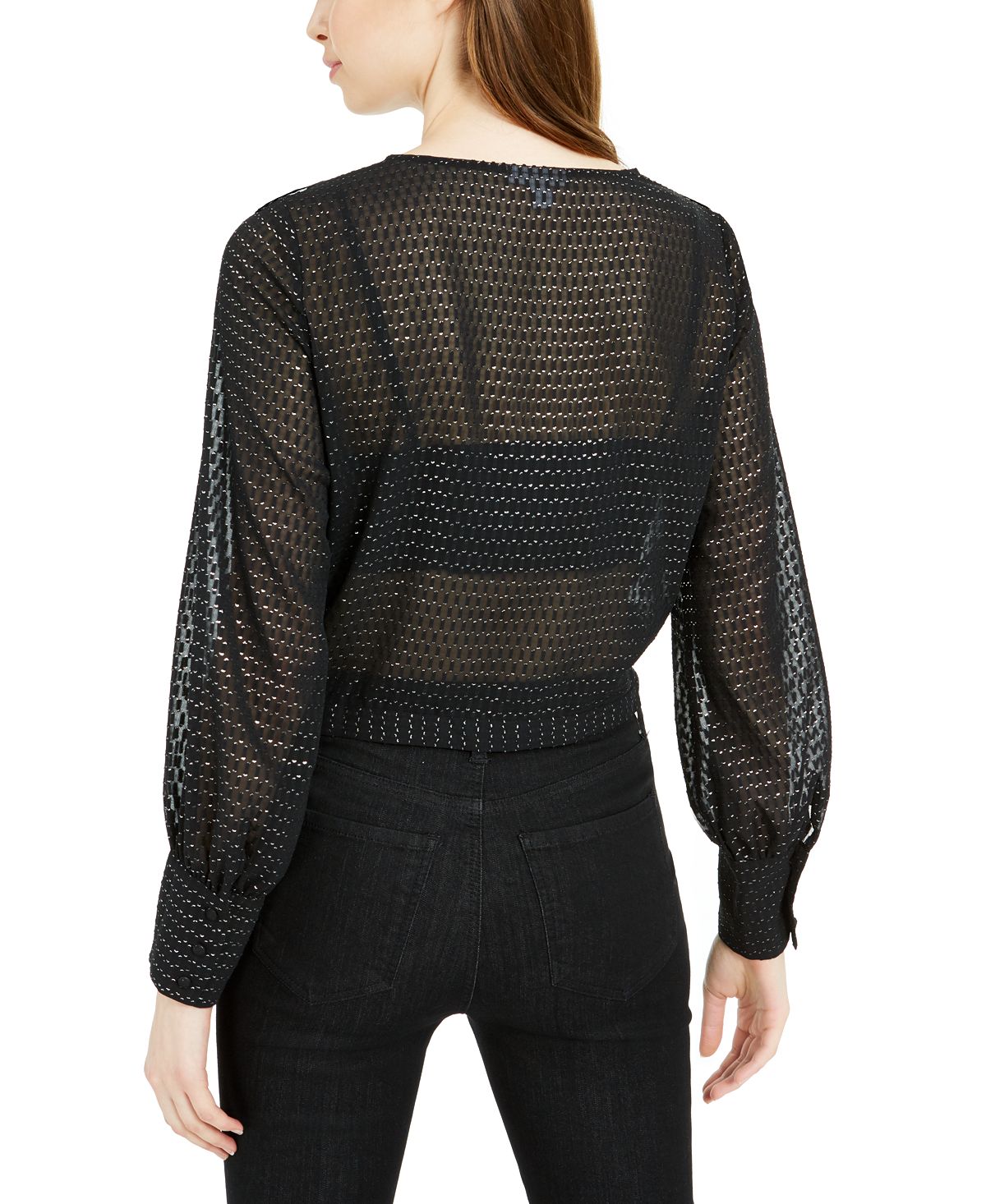 Bar III Women's Ruffled Metallic Dot Blouson Sleeve Top Black Size 2XS