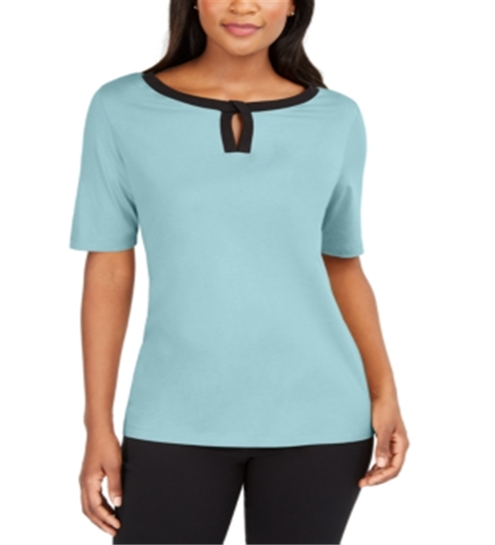 Karen Scott Women's Contrast Trim Keyhole Elbow Sleeve Top Blue Size Small