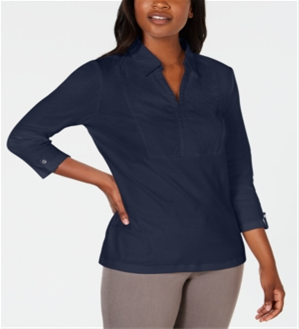 Karen Scott Women's Cotton Eyelet Yoke Top Blue Size Medium