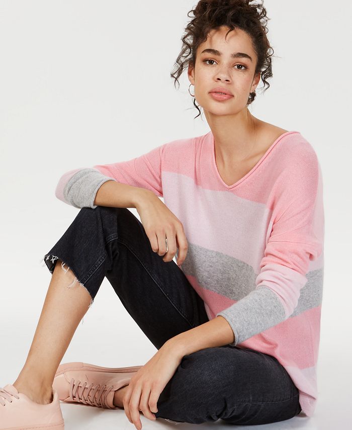 Charter Club Women's Cashmere Striped Rolled Sweater Pink Size Medium