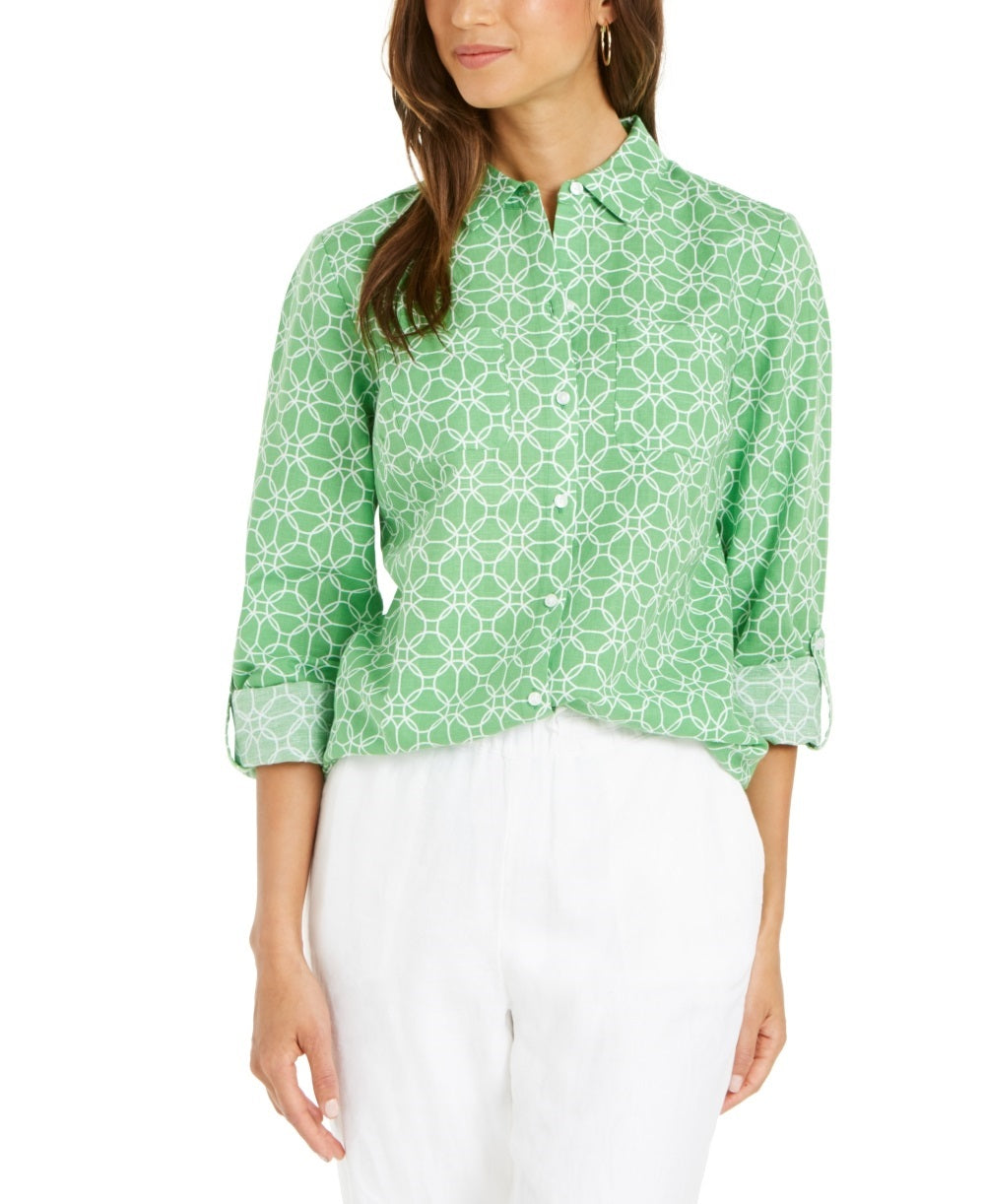 Charter Club Women's Printed Tab Sleeve Shirt Green Size XX-Large