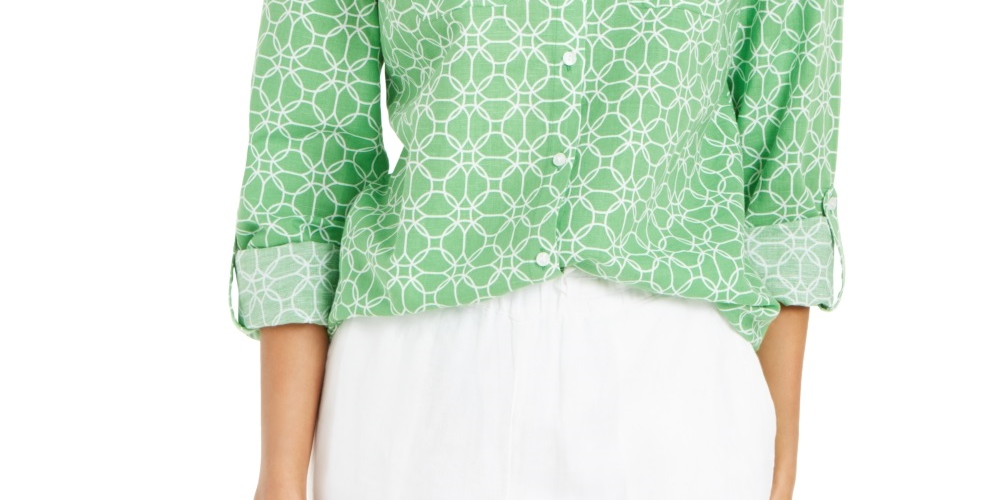 Charter Club Women's Printed Tab Sleeve Shirt Green Size XX-Large