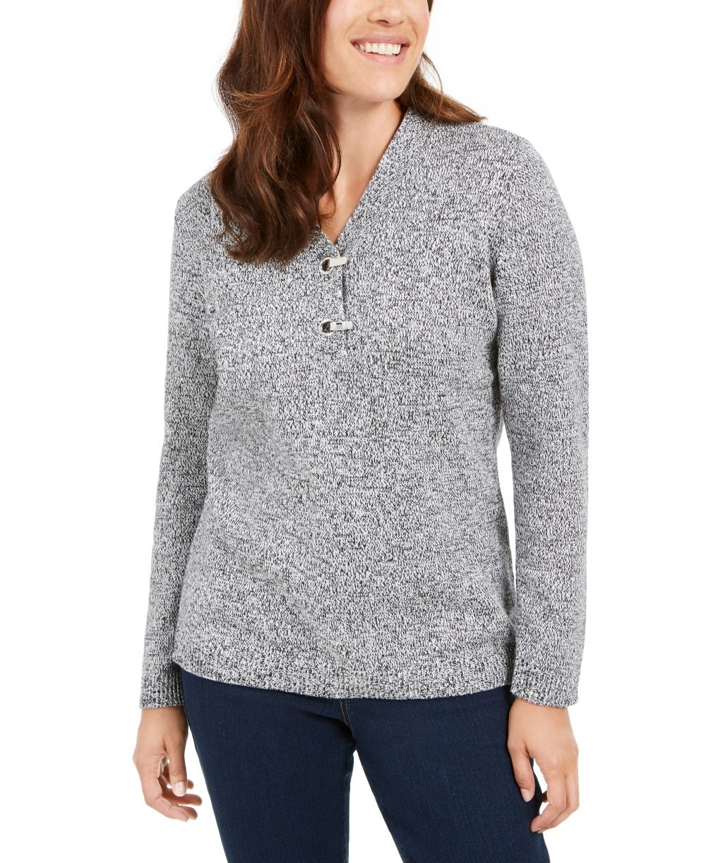 Karen Scott Women's Petite Hardware-Trim Cotton Henley Sweater Natural Size Petite Large