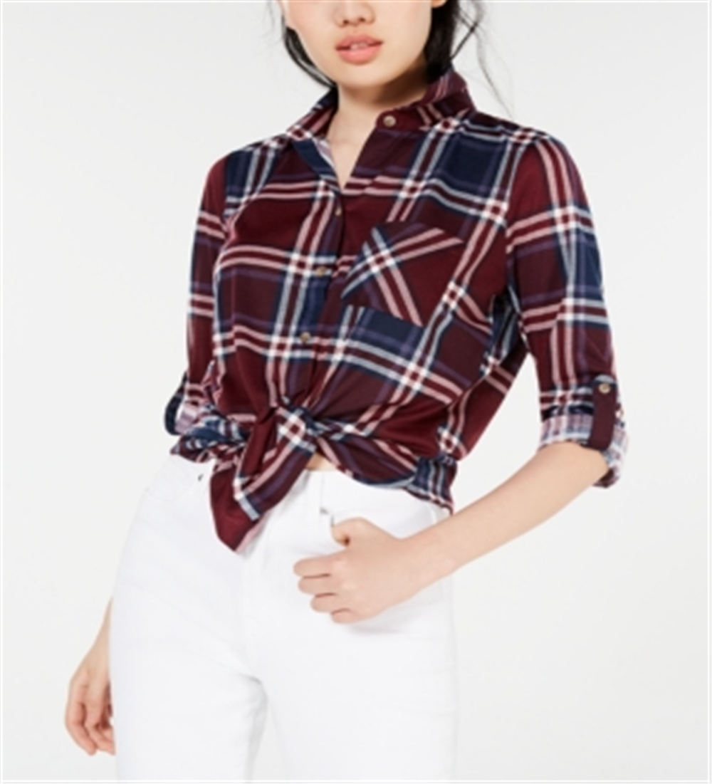 Polly & Esther Junior's Plaid Roll Tab Shirt Maroon Combo Size Small
