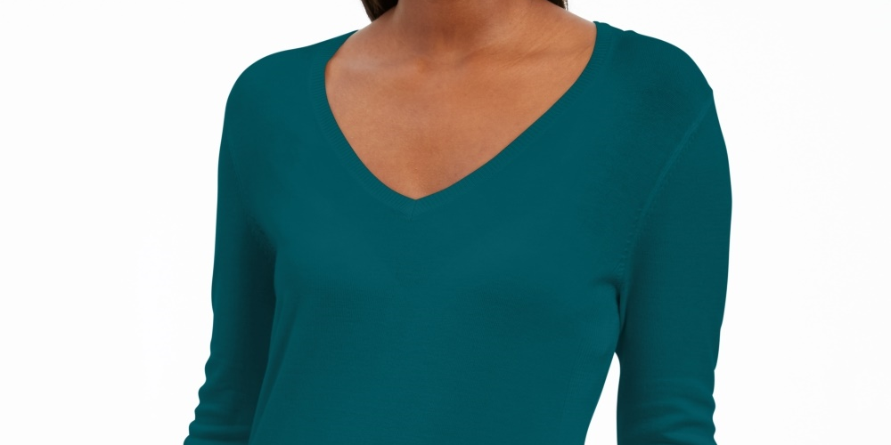 JM Collection Women's Button Cuff V Neck Pullover Sweater Blue Size Large