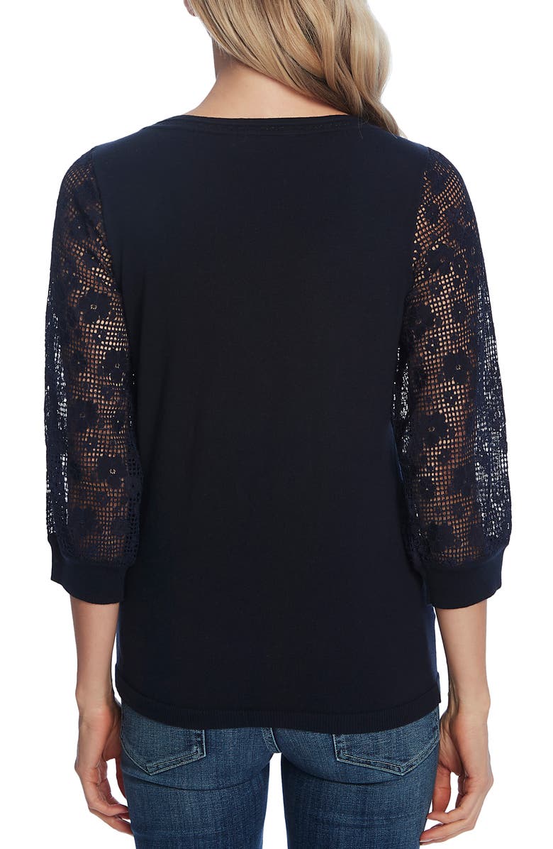 CeCe Women's Lace Sleeve V Neck Cotton Sweater Blue Size Size X-Small