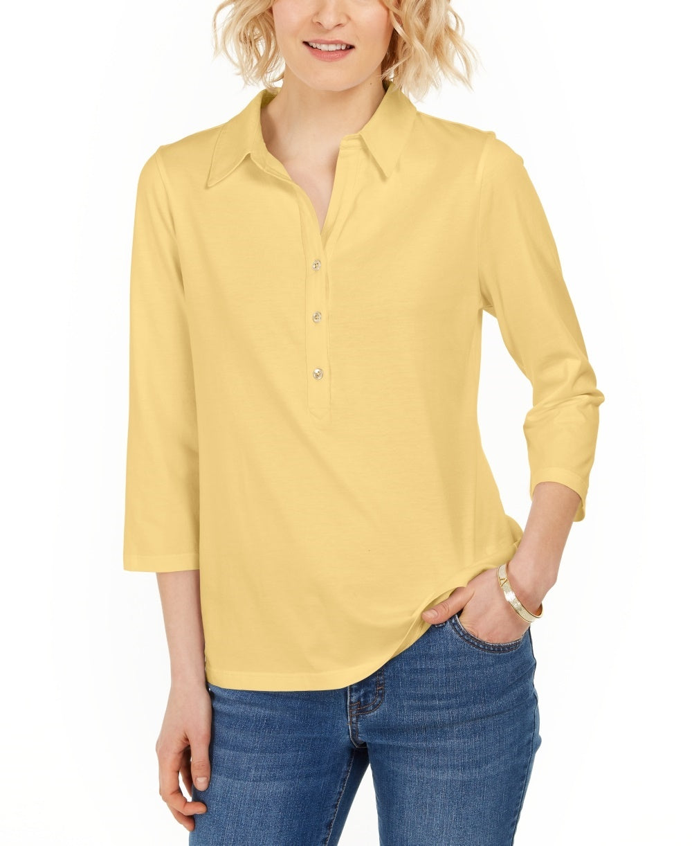Charter Club Women's Supima Cotton 3/4-Sleeve Polo Yellow Size Small