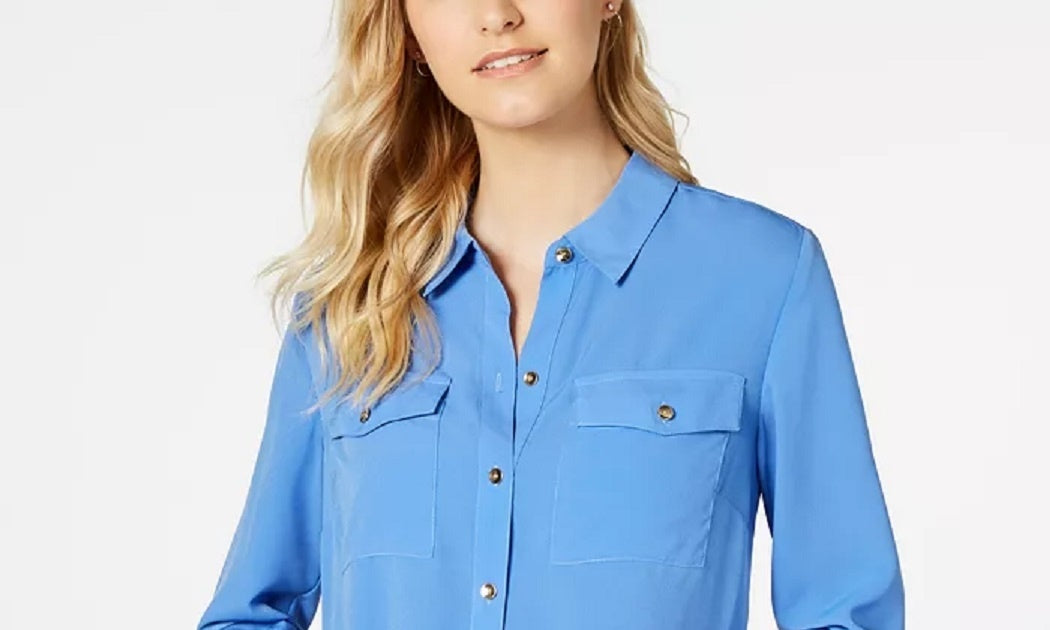 Charter Club Women's Solid Button Up Shirt Blue Size Petite Small