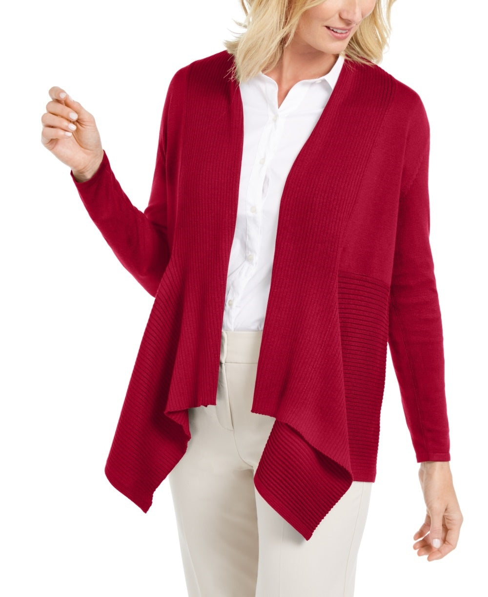 JM Collection Women's Ribbed Handkerchief Hem Cardigan Red Size Small