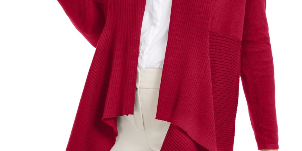 JM Collection Women's Ribbed Handkerchief Hem Cardigan Red Size Small