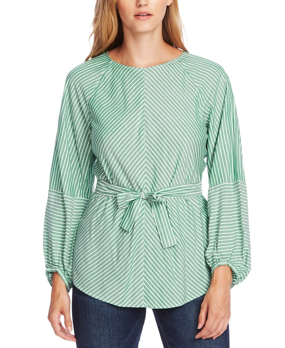 Vince Camuto Women's Striped Long Sleeve Jewel Neck Top Green Size Large