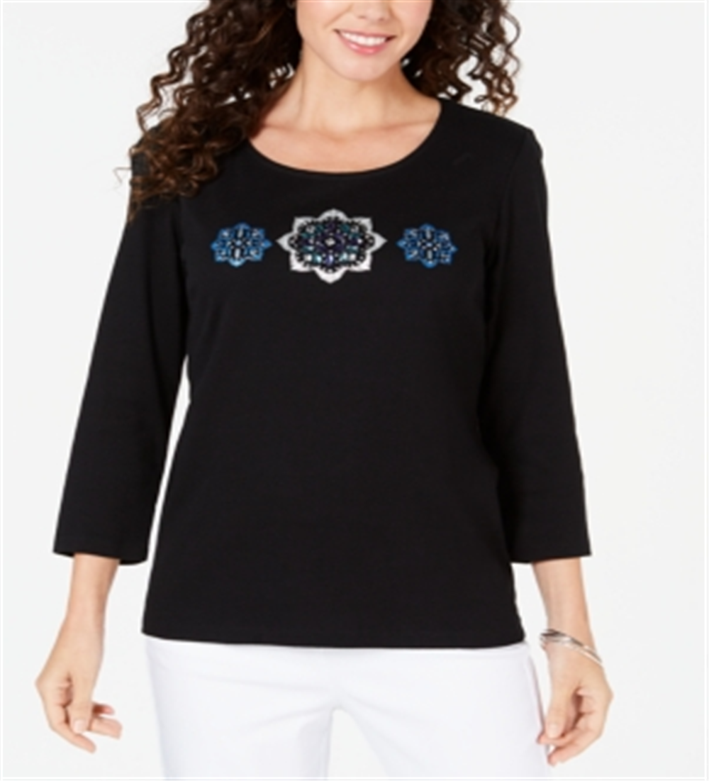 Karen Scott Women's Rhinestone Embellished Cotton Top Black Size Petite L