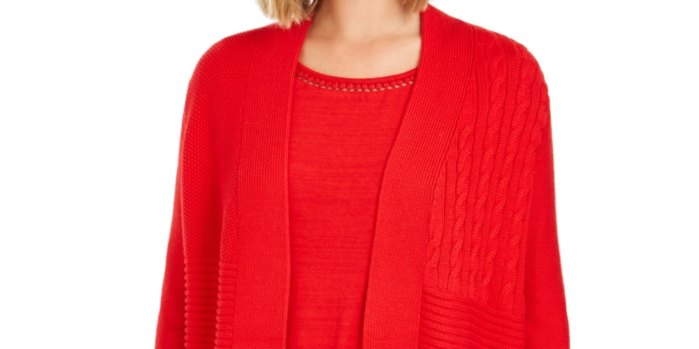 Charter Club Women's Patchwork Cardigan Red Size Petite Small