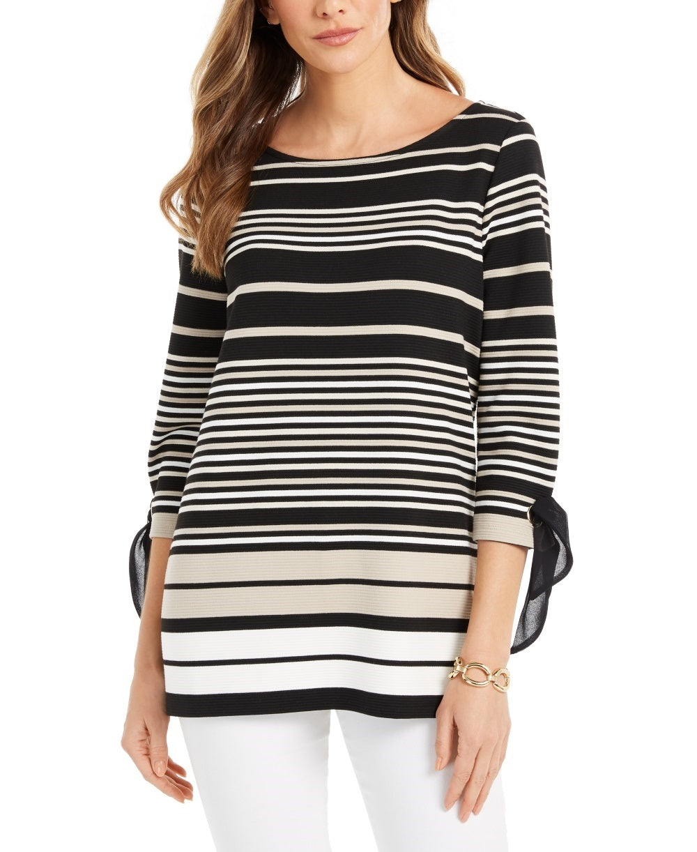 Charter Club Women's Striped Tie Sleeve Top Black Size PM