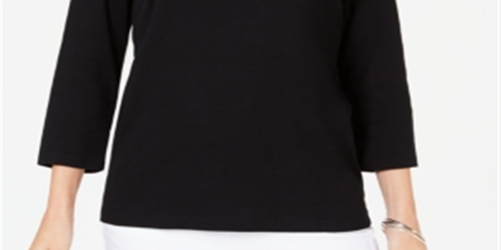 Karen Scott Women's Rhinestone Embellished Cotton Top Black Size Petite S/M