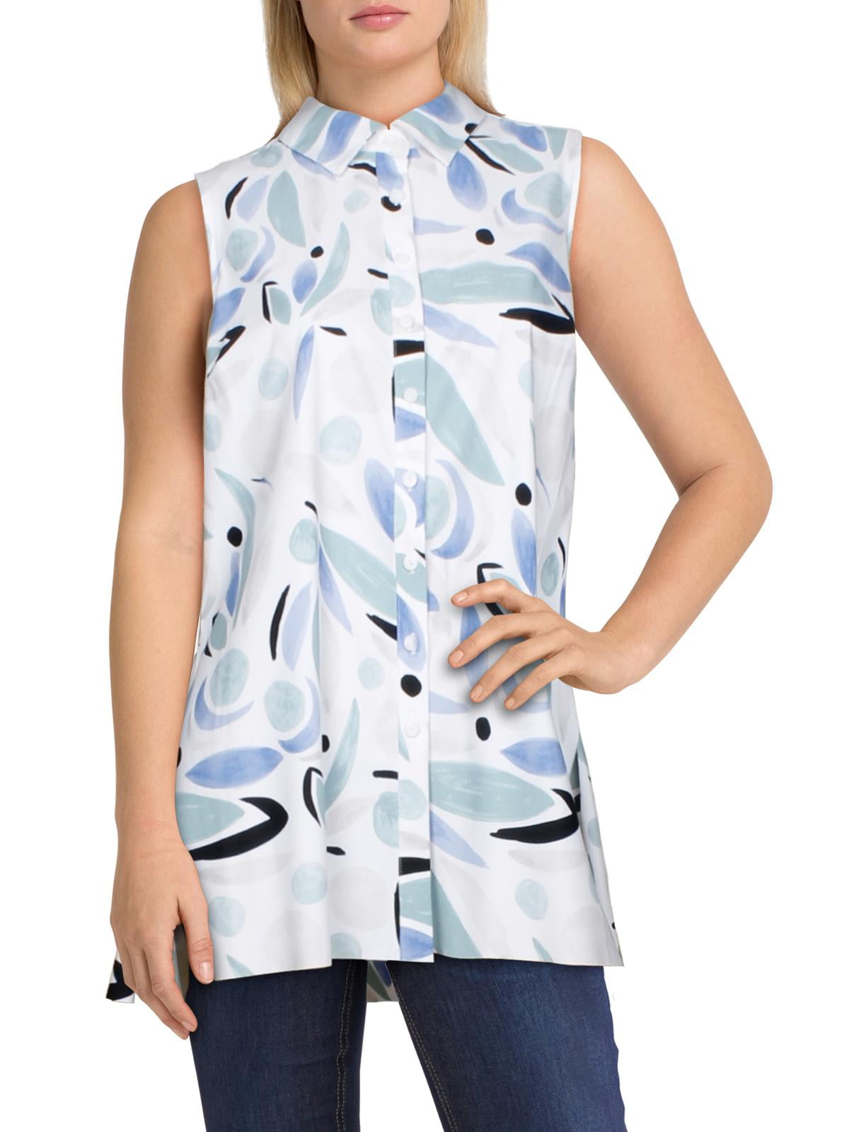 Alfani Women's Button Down Collared Tunic Top White Multi  Size Petite S