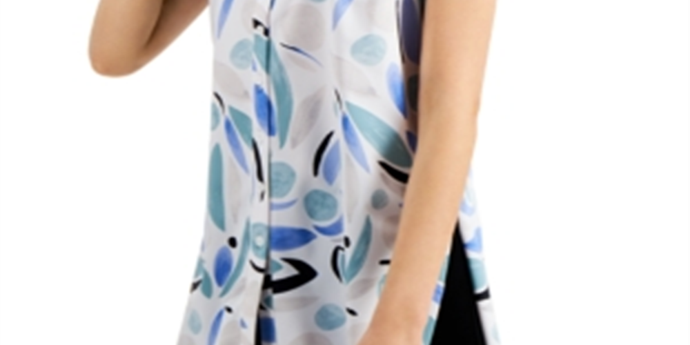 Alfani Women's Button Down Collared Tunic Top White Multi  Size Petite S
