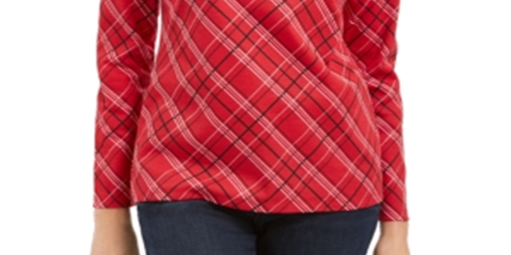 Karen Scott Women's Holly Plaid Embellished Top Red Size Small