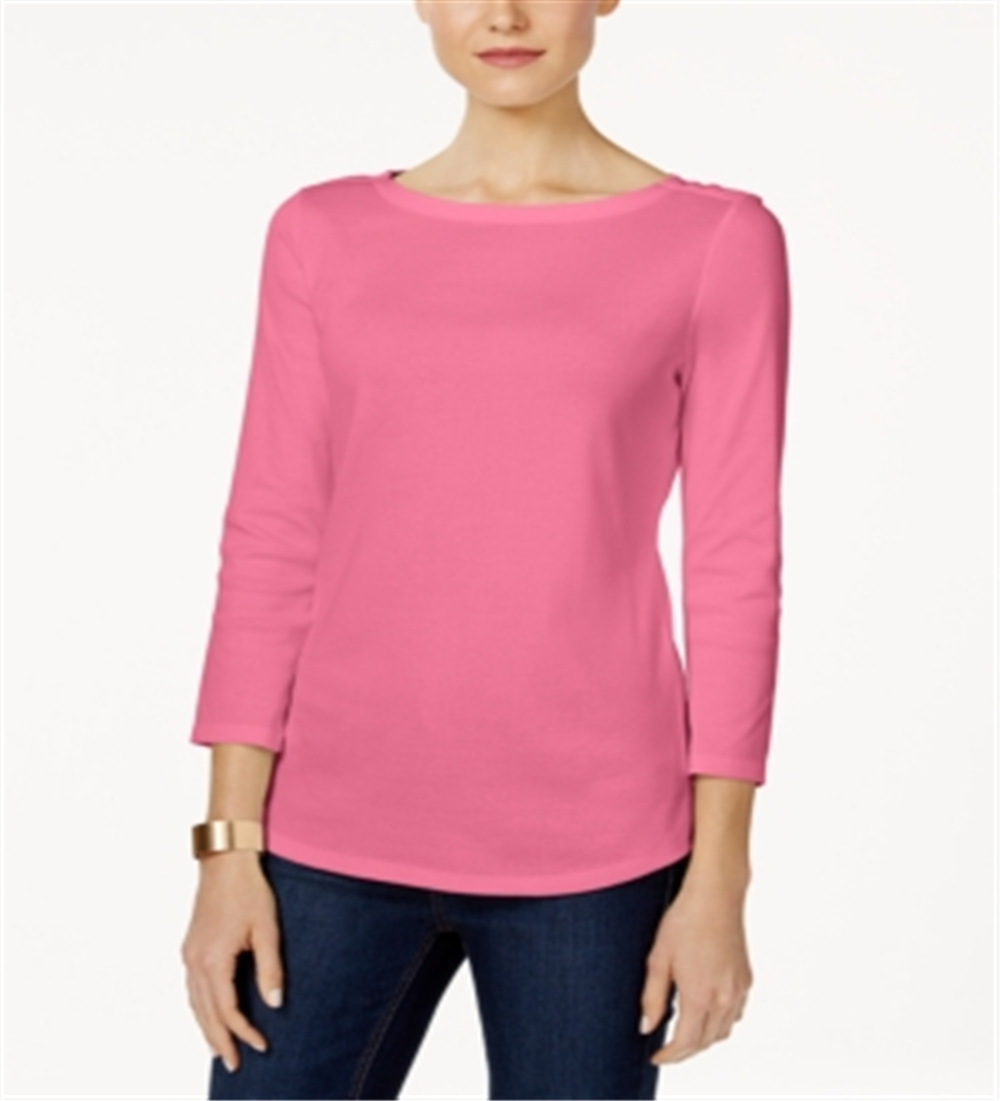 Charter Club Women's Pima Cotton Boat Neck Button Shoulder Top Pink Size X-Large