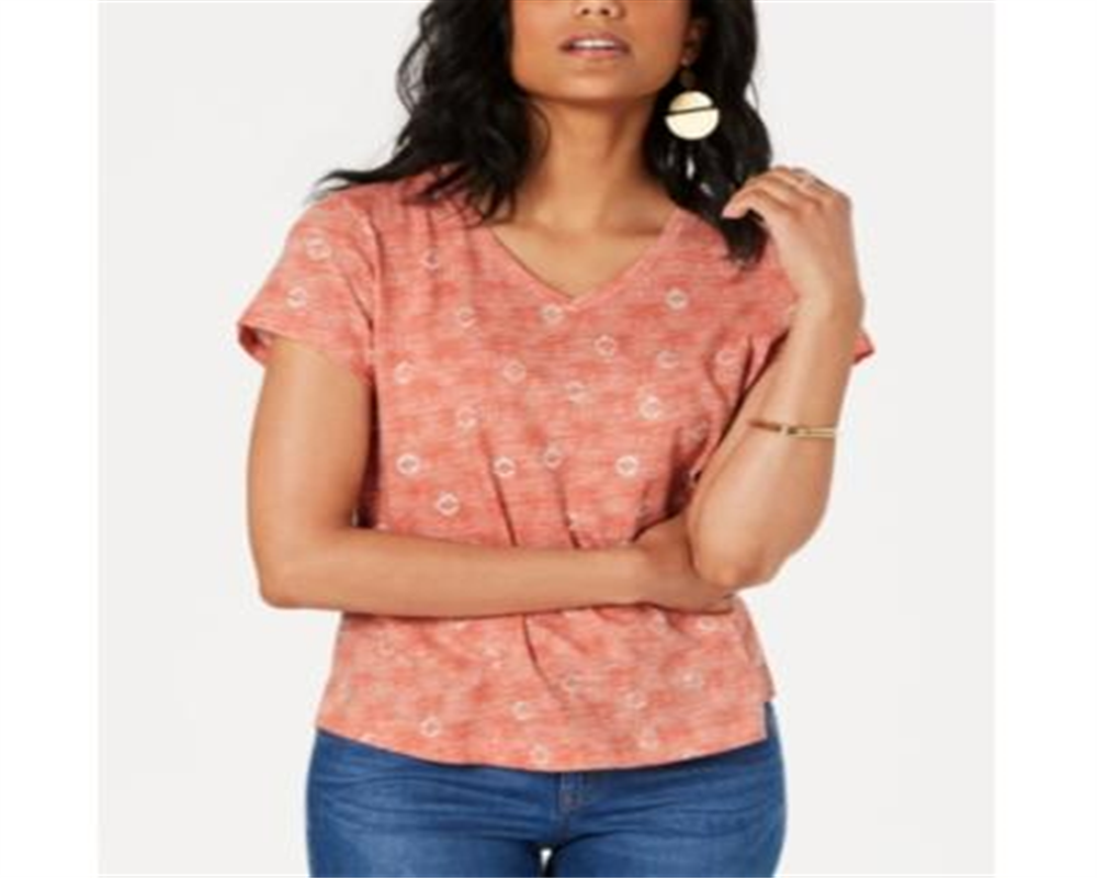 Style & Co Women's Cotton Printed V Neck T-Shirt Coral Size Petite M