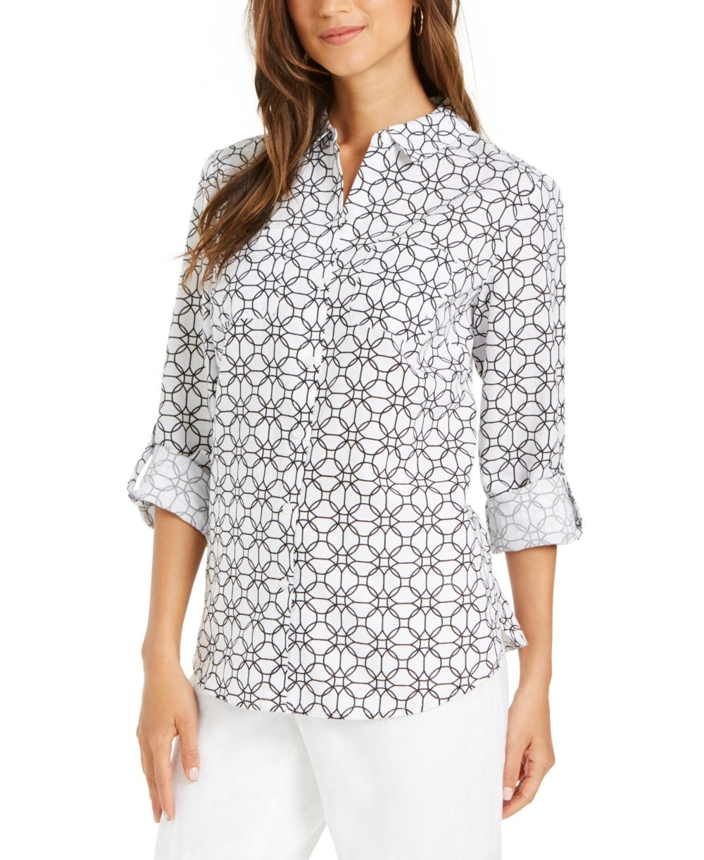Charter Club Women's Printed Tab Sleeve Shirt White Size X-Large