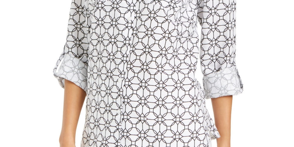 Charter Club Women's Printed Tab Sleeve Shirt White Size X-Large