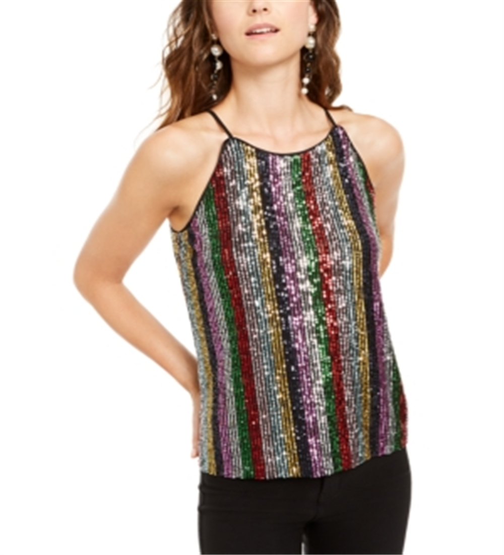 INC International Concepts Women's Sequinned Striped Top Black Size Petite Small