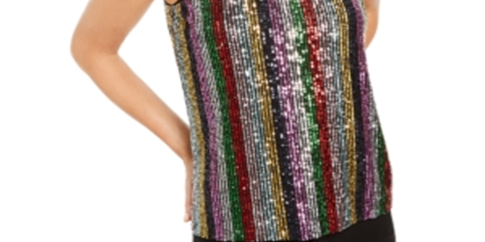 INC International Concepts Women's Sequinned Striped Top Black Size Petite Small