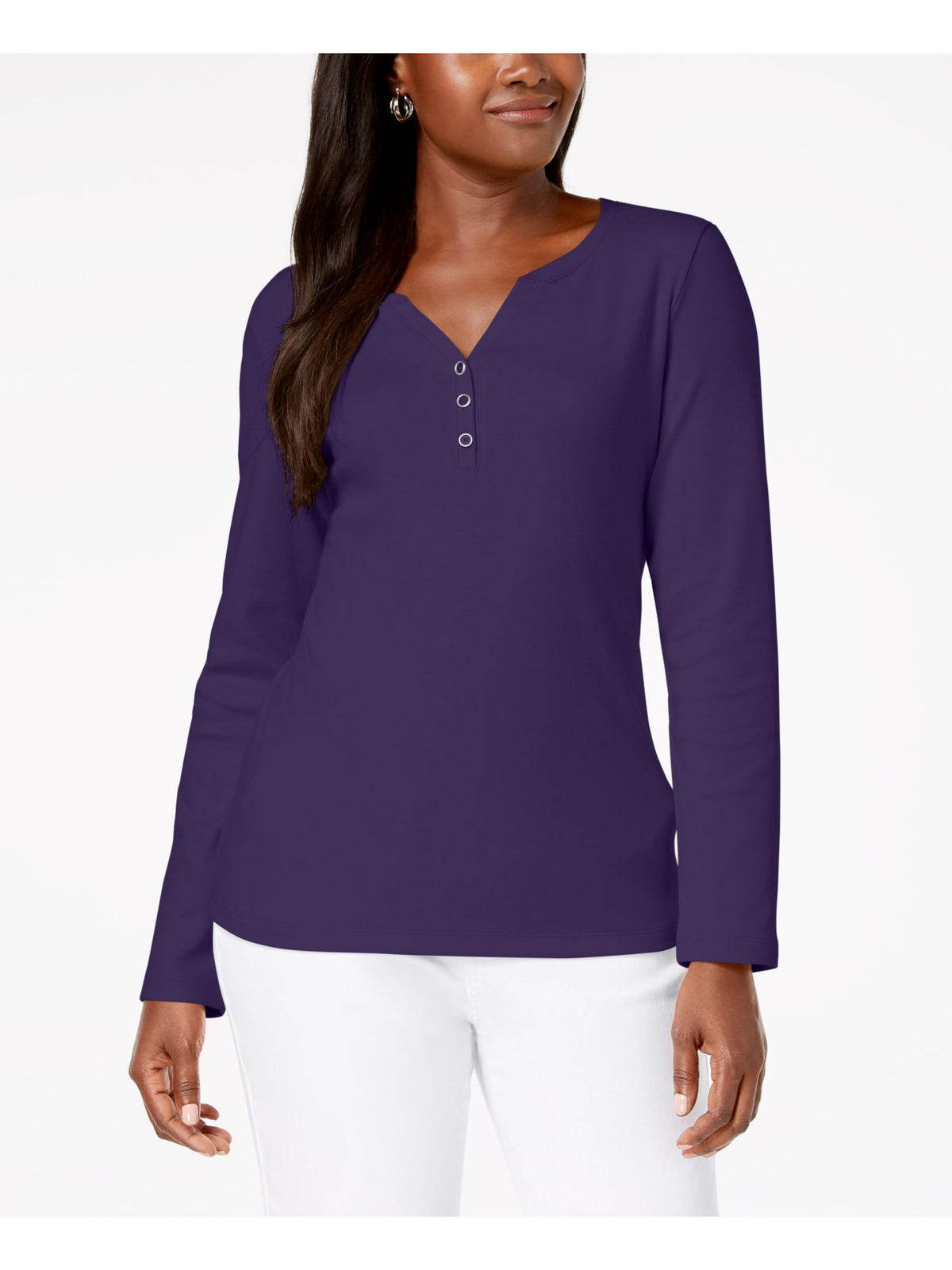 Karen Scott Women's Cotton Henley Top -Purple Size Small
