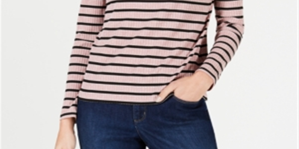 Charter Club Women's Striped Turtleneck Top Pink Size Petite Small