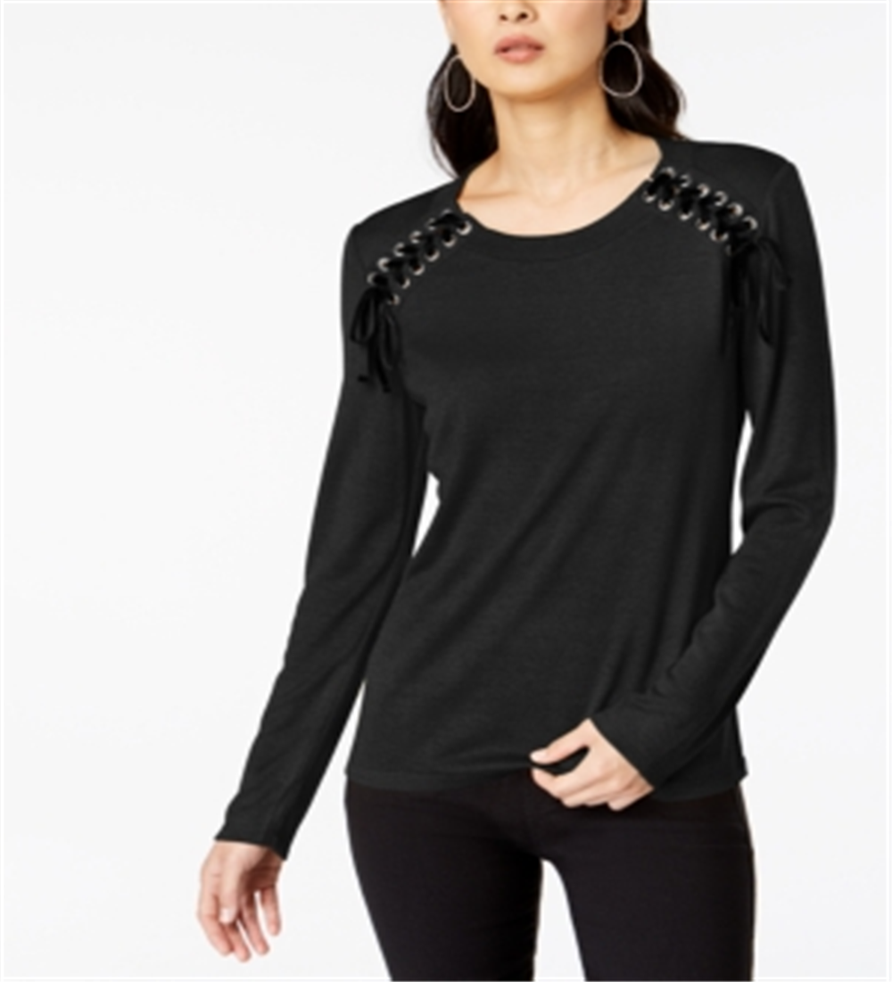 INC International Concepts Women's Ribbon Laced Sweatshirt Black Size Petite S/M