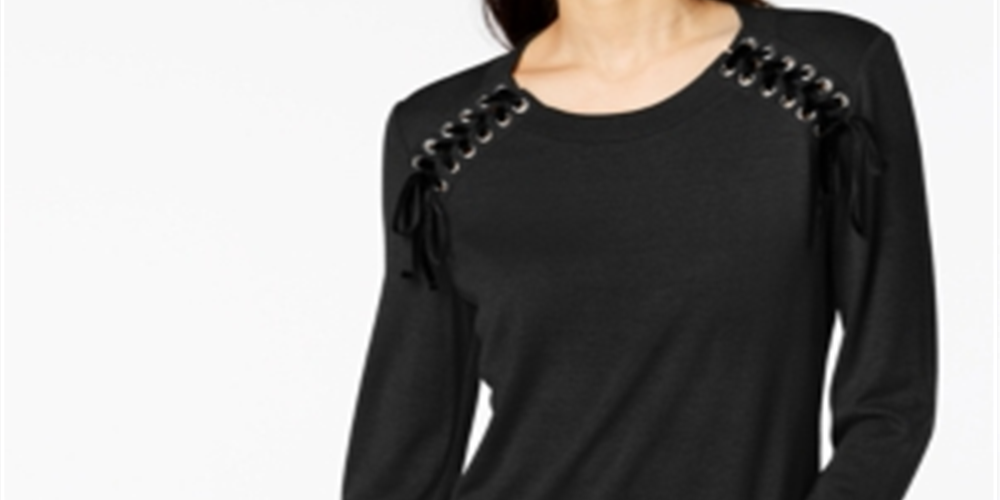 INC International Concepts Women's Ribbon Laced Sweatshirt Black Size Petite S/M