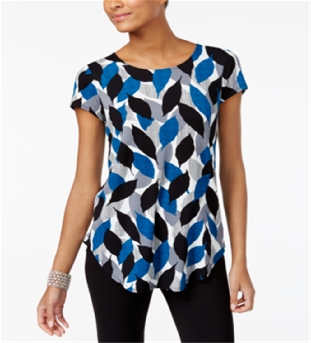Alfani Women's Printed Round Hem T-Shirt Blue Size Petite Small