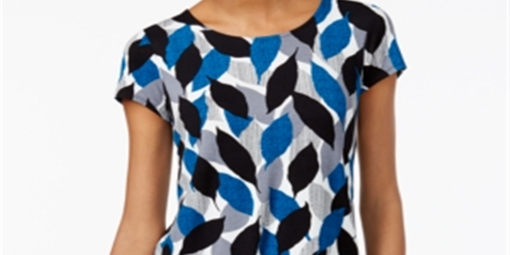 Alfani Women's Printed Round Hem T-Shirt Blue Size Petite Small