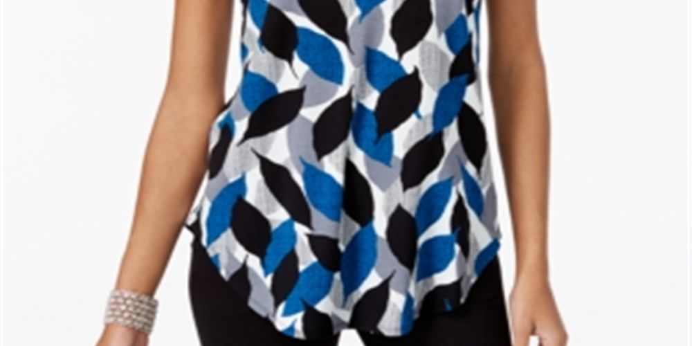 Alfani Women's Printed Round Hem T-Shirt Blue Size Petite Small
