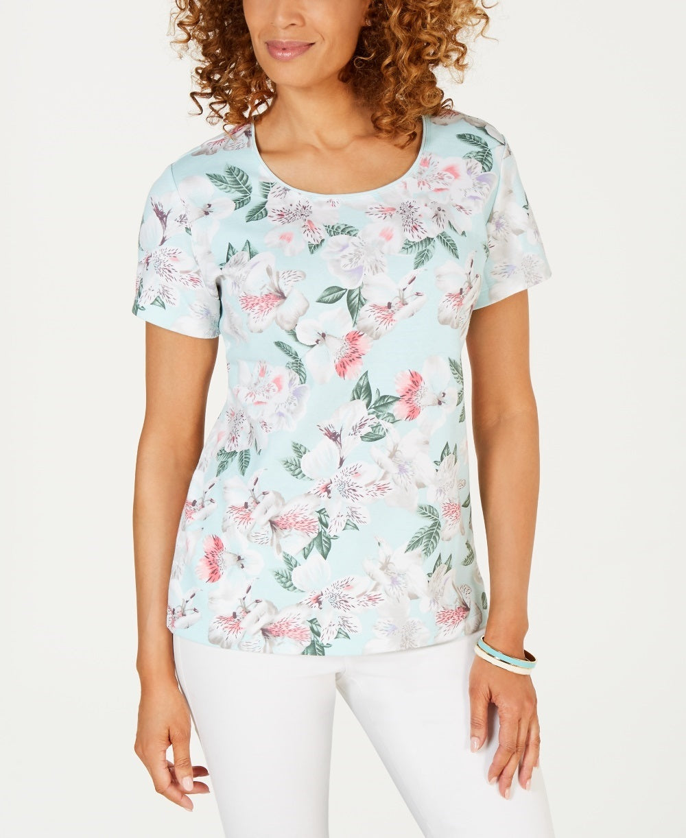 Karen Scott Women's Printed Scoop-Neck T-Shirt  Blue Size Medium