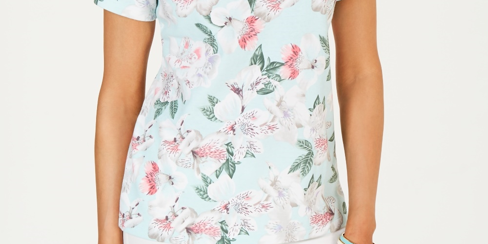 Karen Scott Women's Printed Scoop-Neck T-Shirt  Blue Size Medium