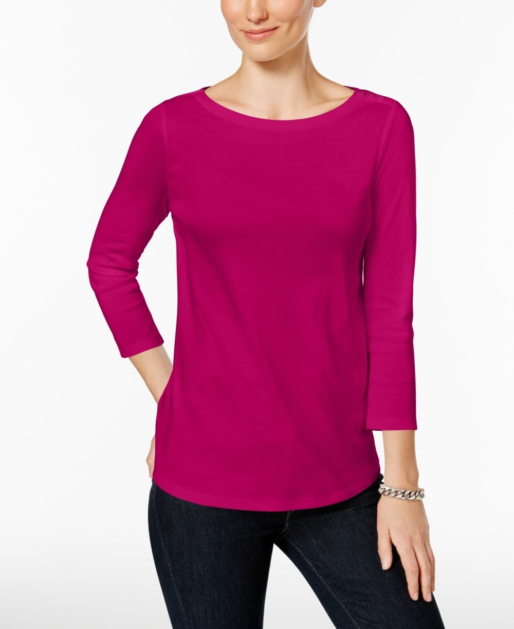 Charter Club Women's Petite Pima Cotton Button-Shoulder Top Dark Pink Size Petite