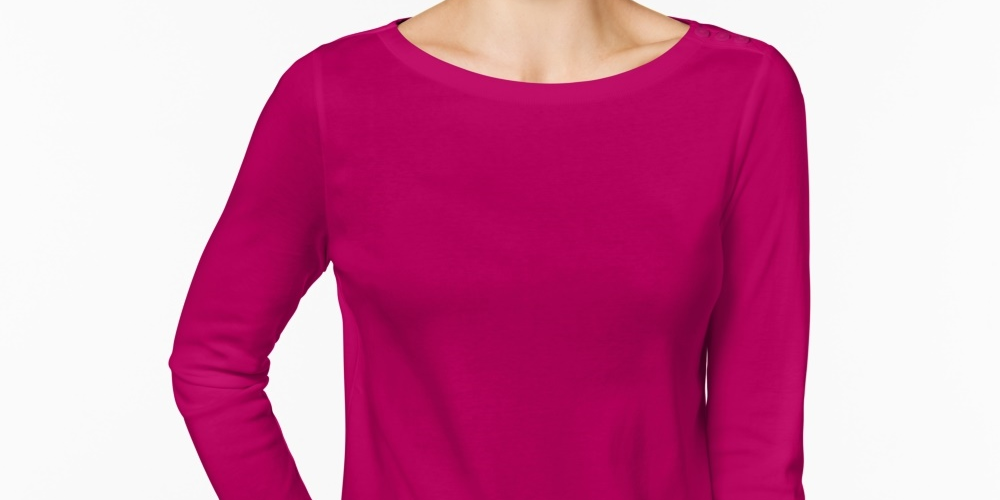 Charter Club Women's Petite Pima Cotton Button-Shoulder Top Dark Pink Size Petite