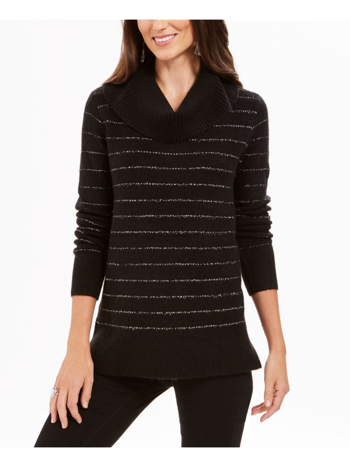 Style & Co Women's Embellished 3/4 Sleeve V Neck Sweater Black Size Petite Large