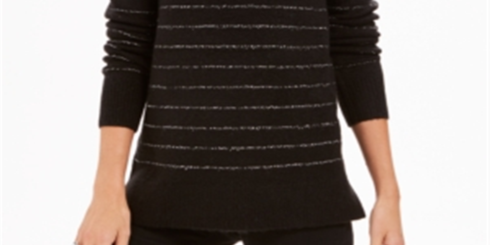 Style & Co Women's Embellished 3/4 Sleeve V Neck Sweater Black Size Petite Large