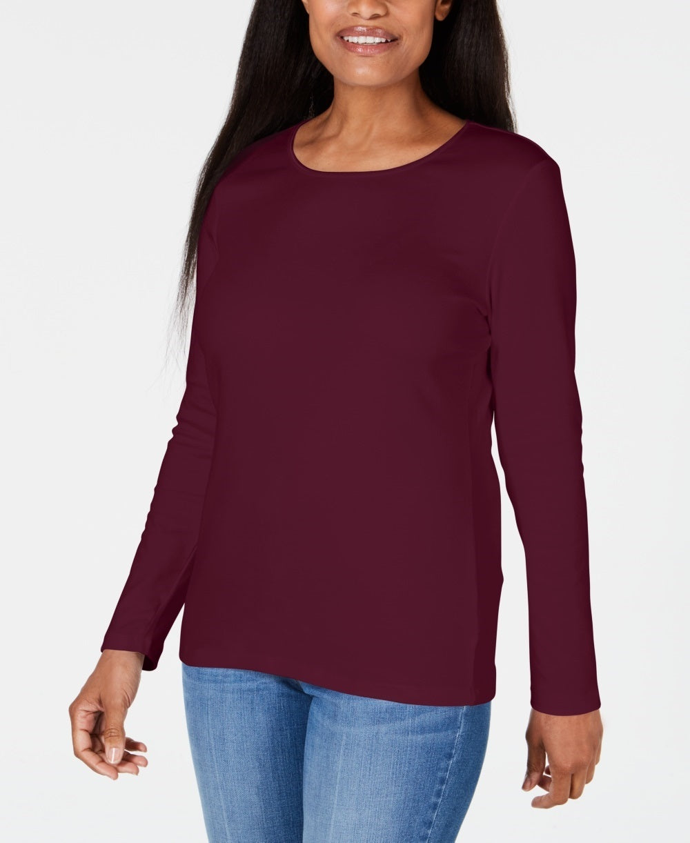 Karen Scott Women's Satin-Trim Scoop-Neck Top  Red Size X-Small