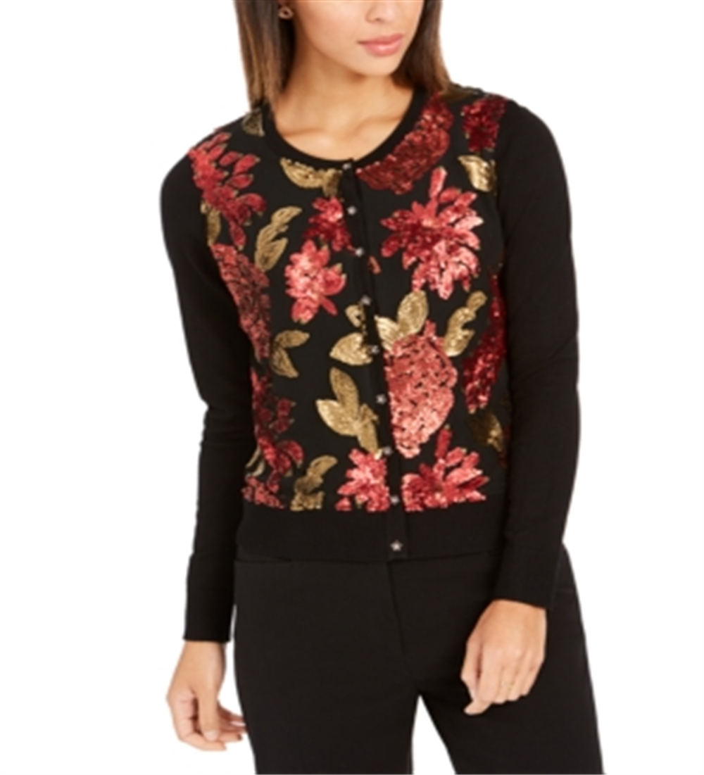 Charter Club Women's Sequin Embroidered Cardigan Black Multi Floral Size Petite S