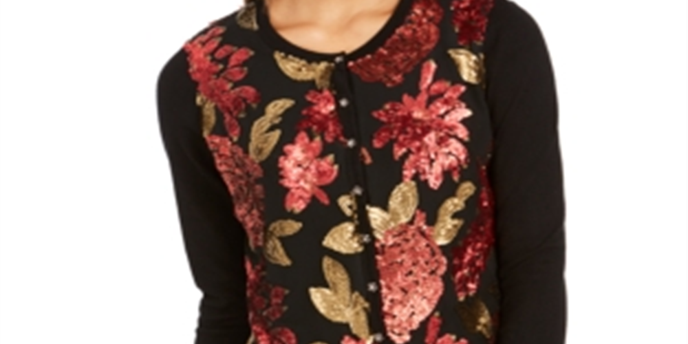 Charter Club Women's Sequin Embroidered Cardigan Black Multi Floral Size Petite S